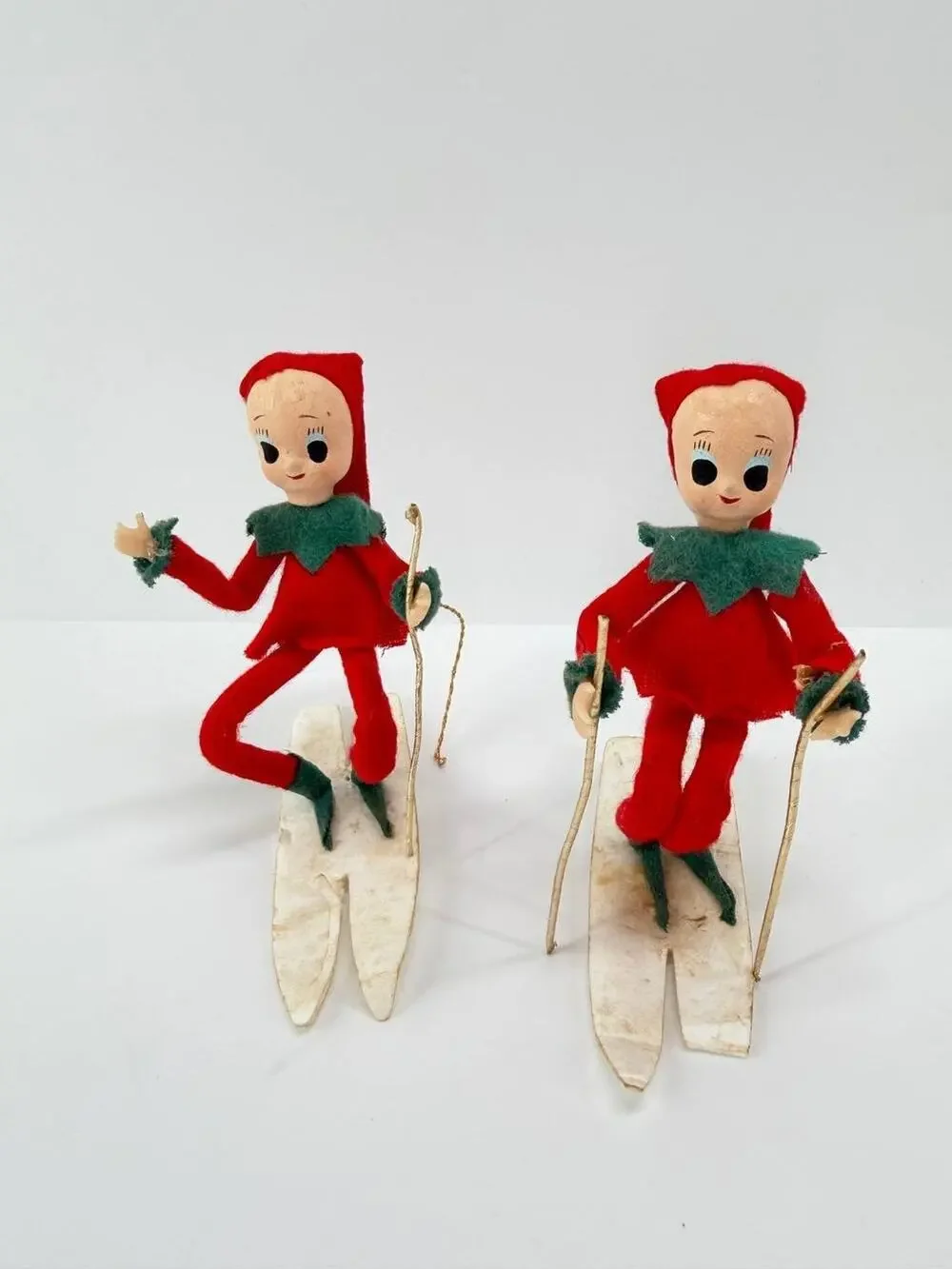 Vintage Christmas Elf Pixie Skier Dolls Plastic Felt Ski Holiday Decor Set